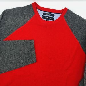 Tommy Hilfiger Wool Lambswool Sweater Red Gray Baseball Sleeve Cozy Mens Large